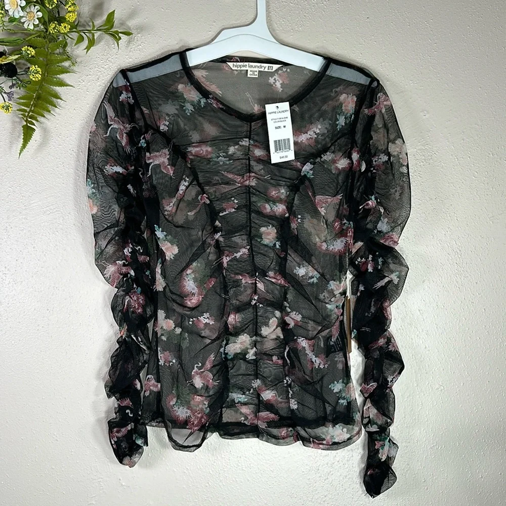 NWT Blouse Hippy Laundry black pink sheer ruched medium flamingo - Picture 1 of 8